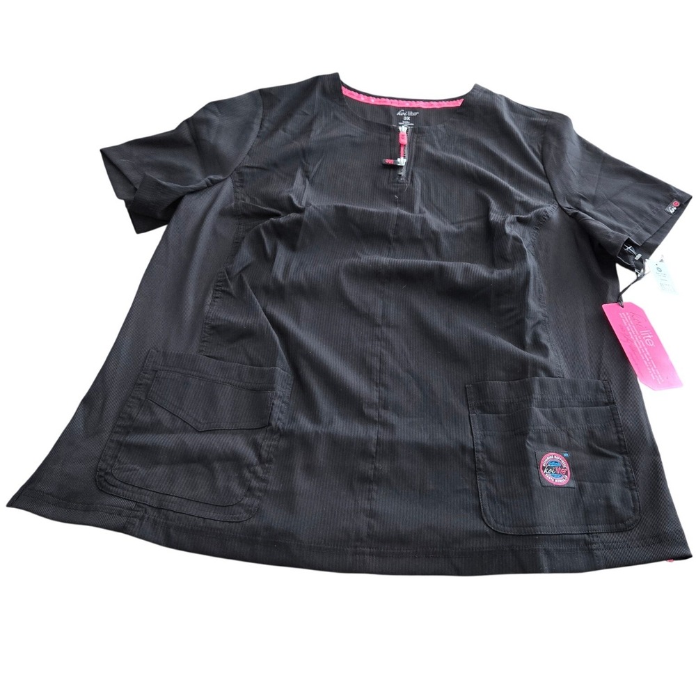 Koi Lite‎ Womens 3X Black Dobby Rib Slim Fit Scrub Top Zip Neck Pockets